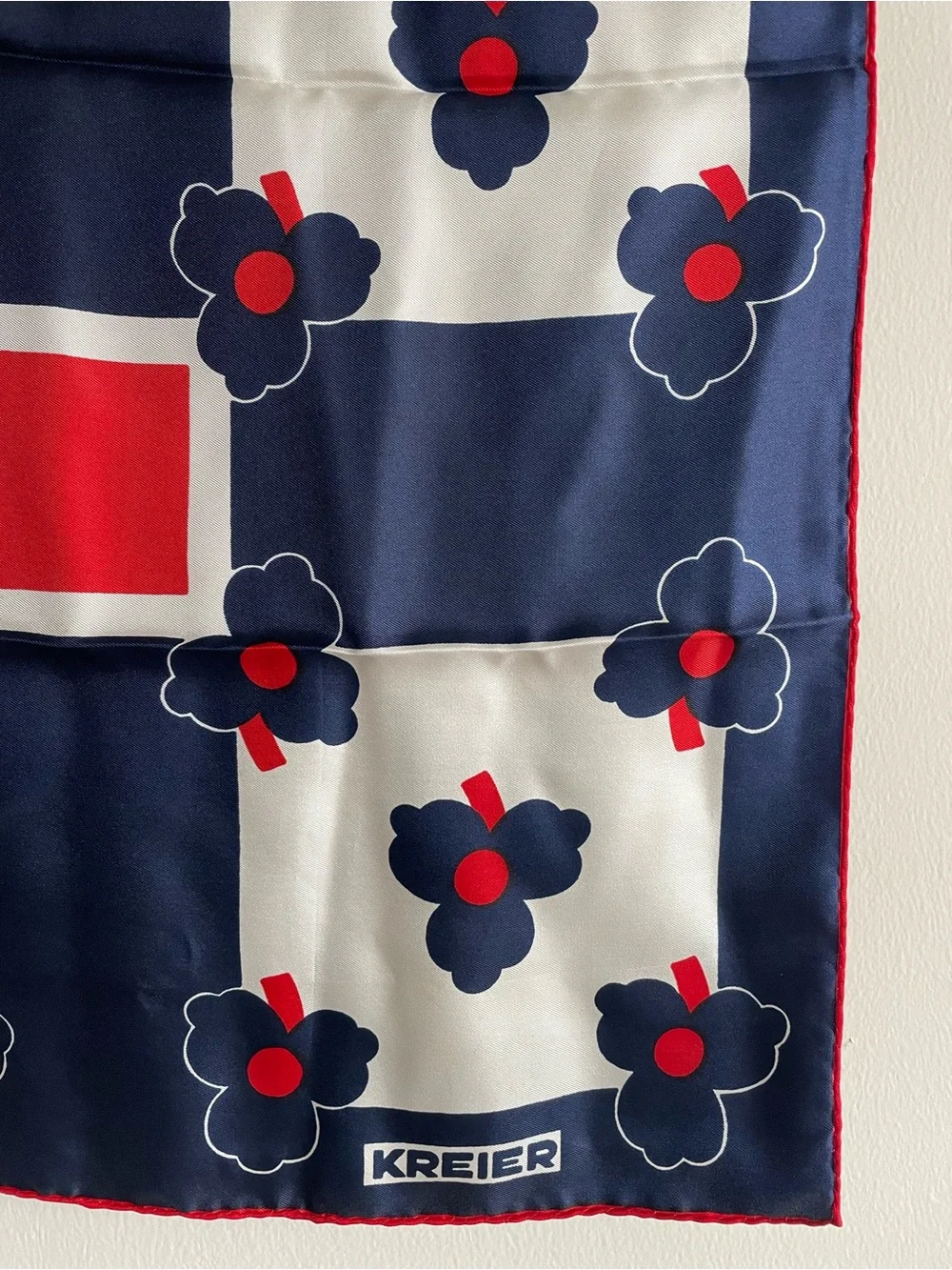 Vintage Kreier silk scarf red white blue mod flower retro checkerboard
